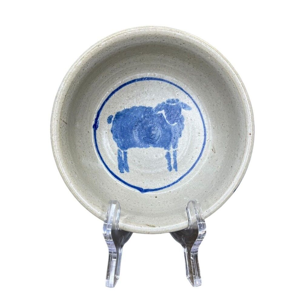 J Kemper‎ Art Pottery Bowl Sheep Farmhouse Folk Art Cereal Soup Blue Stoneware
